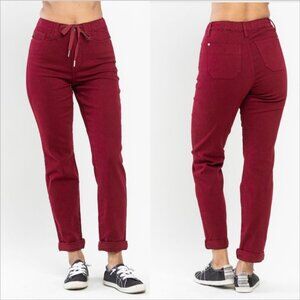 NWoT JUDY BLUE Garment Dyed High Waist Cuffed Jogger Jean Zip Scarlet Denim
